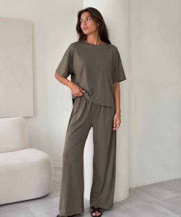 Komplet wiskozowy bluzka i spodnie wideleg - Khaki